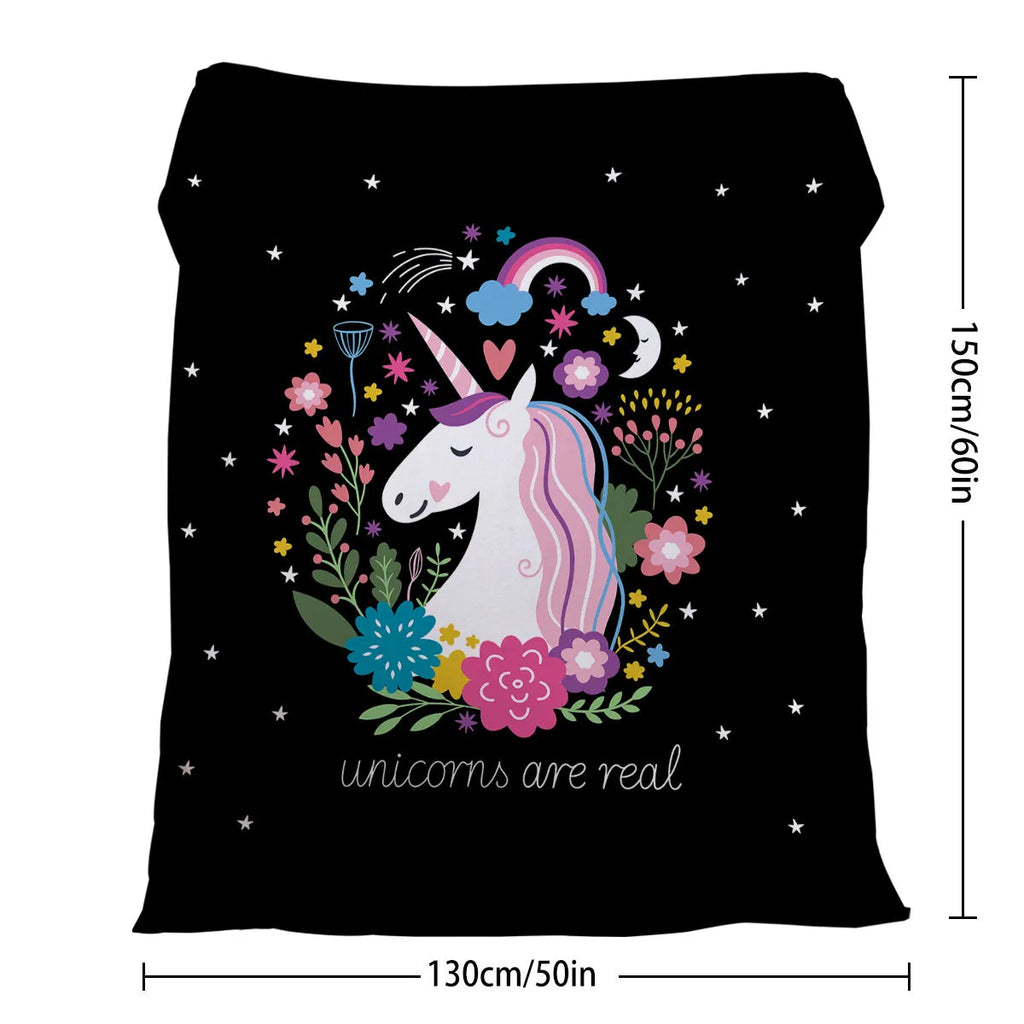 Soft flannel unicorn pattern blanket on black base, 75x100cm throw for sofa or outdoor use