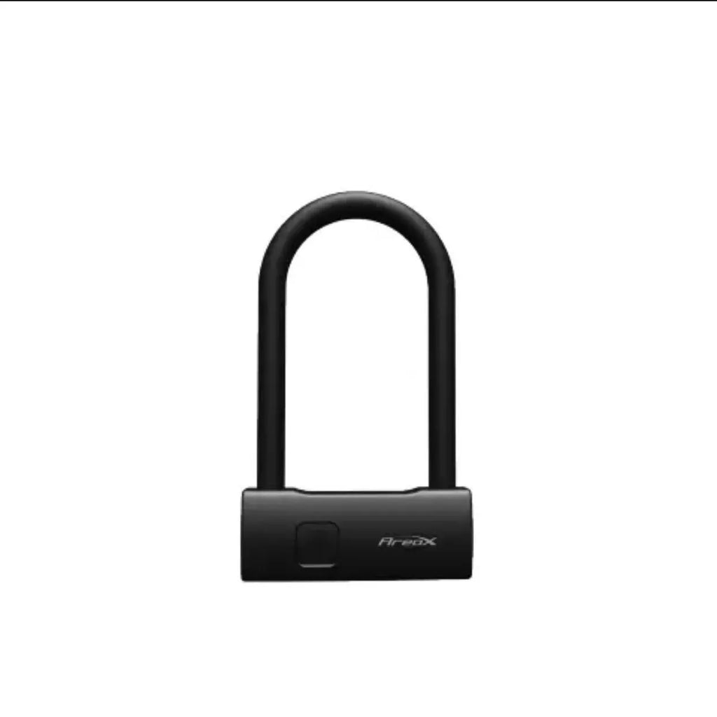 Smart fingerprint U-shaped lock with stainless steel beam, PVC wrap, and fingerprint sensor on black background