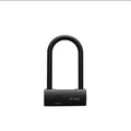Smart fingerprint U-shaped lock with stainless steel beam, PVC wrap, and fingerprint sensor on black background