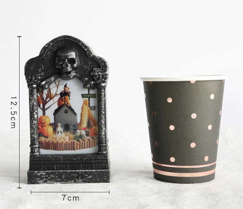 Halloween Tombstone Lamp with flickering LED skull candle for spooky decor