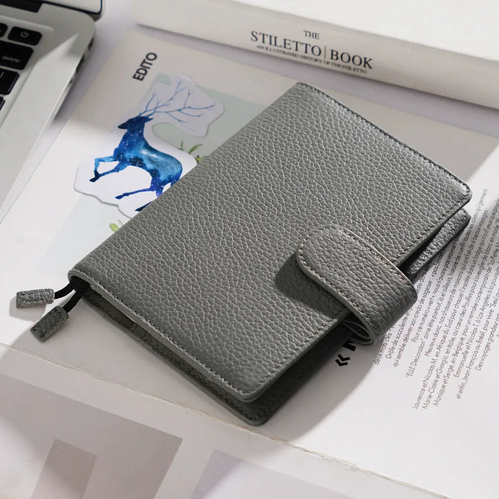 A6 leather notebook with Lychee pattern cowhide cover in off white, pink, or white colour options