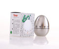 Stainless steel mechanical kitchen timer with egg-shaped design showing 60-minute dial
