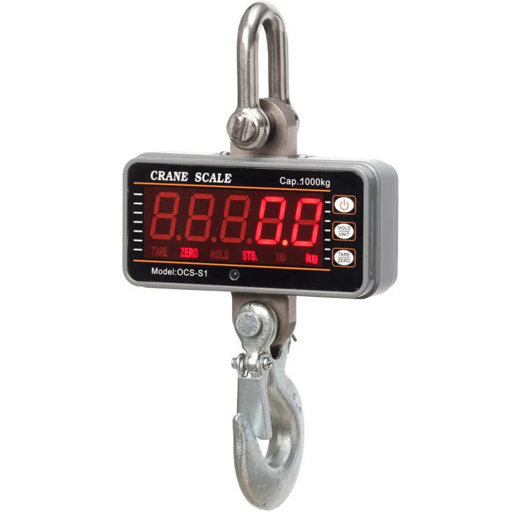 Orange electronic crane scale with digital display, shown with a 500kg capacity rating.