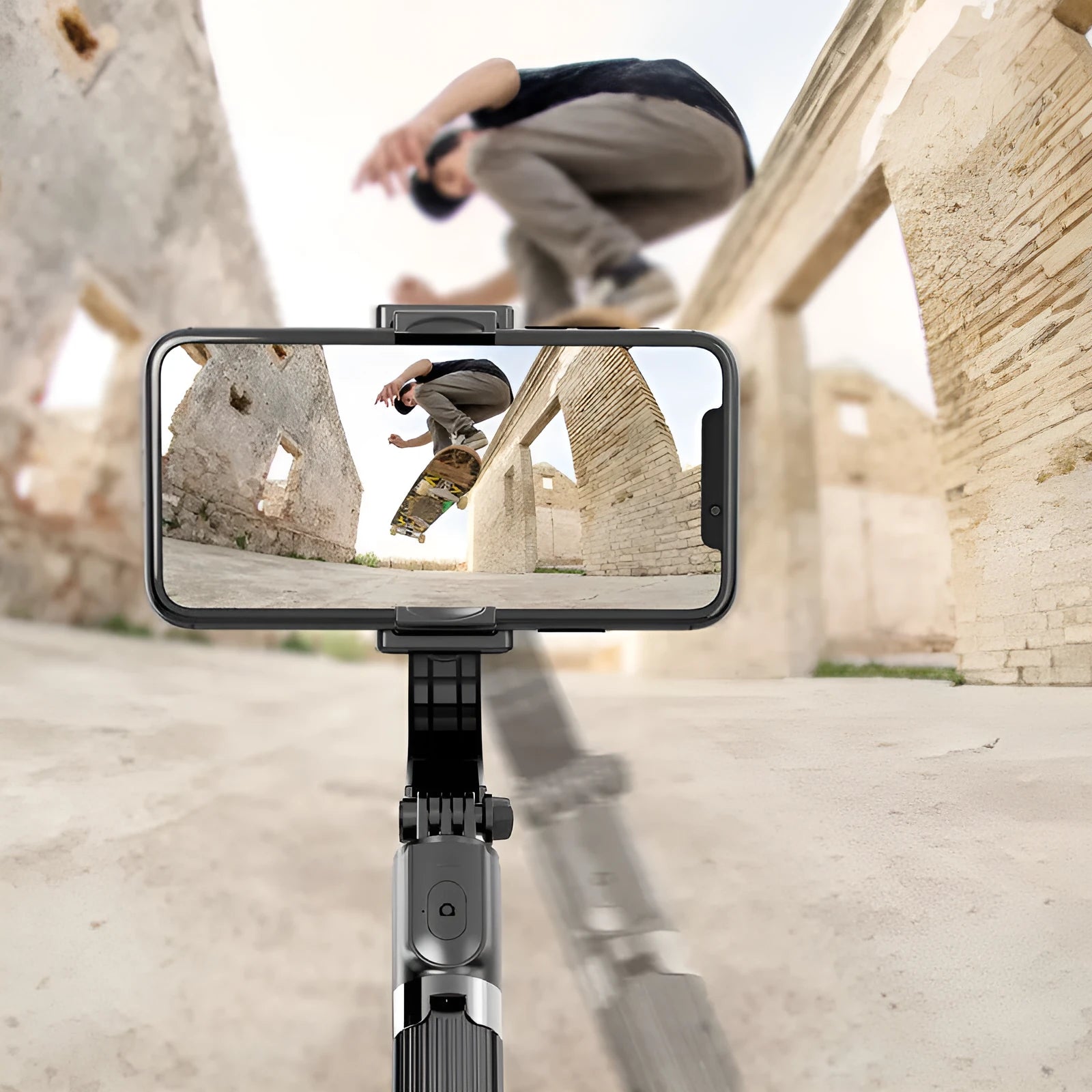 Wireless Bluetooth stabilizer selfie stick with anti-shake gyroscope, black finish, ABS and aluminium alloy body