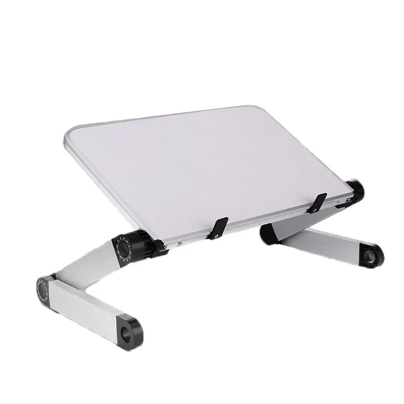 Foldable laptop stand with 360-degree adjustable angle in black, supporting a laptop on a desk