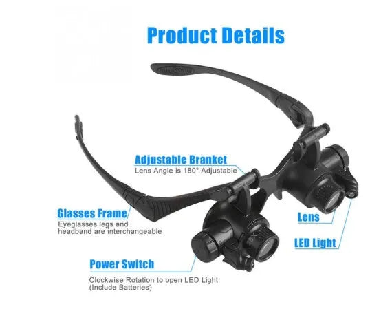 Double eye LED magnifier glasses with headband and 4 interchangeable lenses on black background