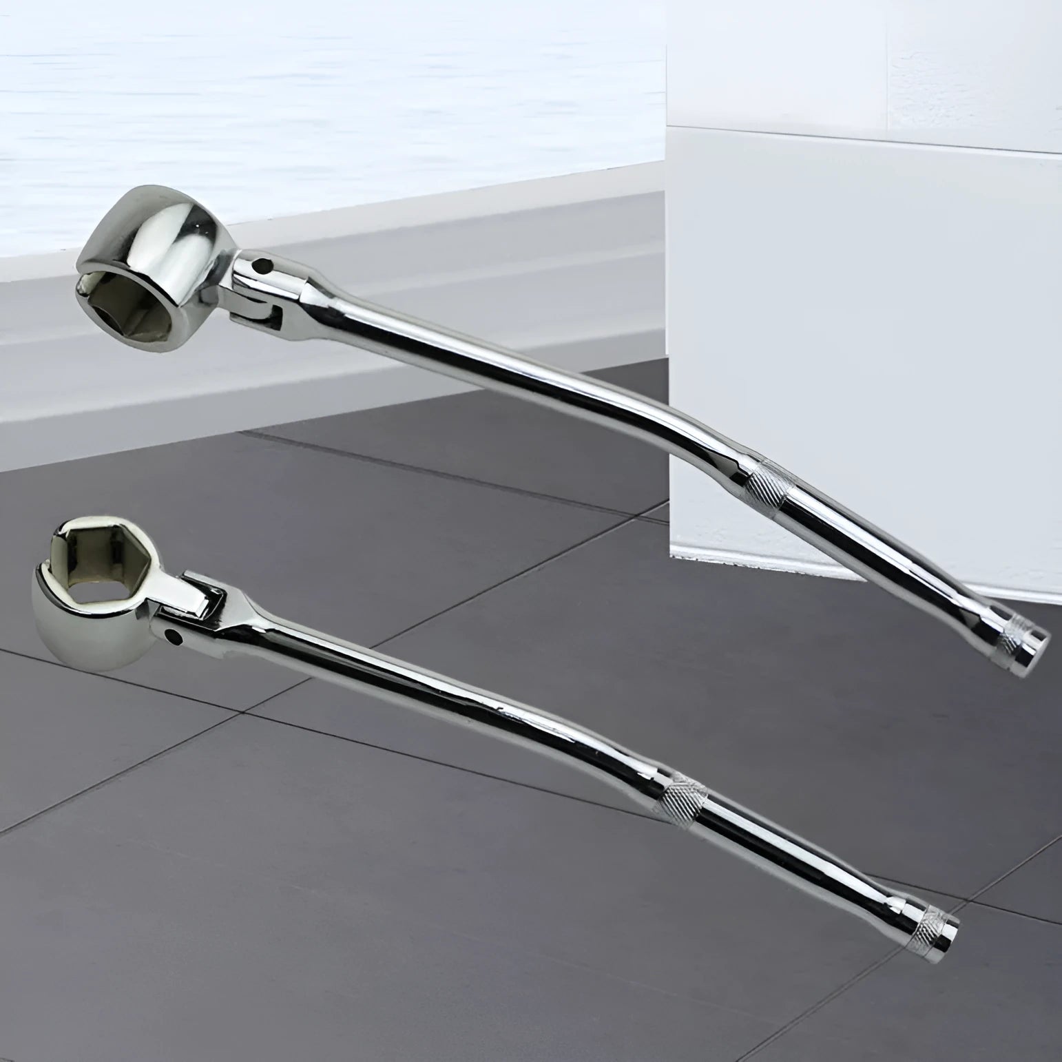 22mm hexagonal chrome-plated oxygen sensor removal socket wrench on a workshop bench.