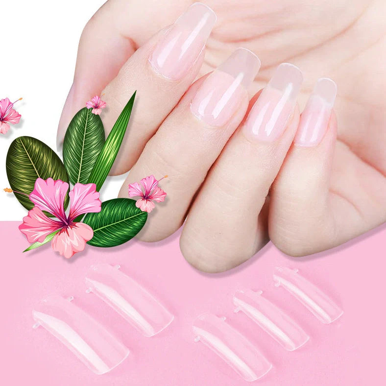 100-piece crystal transparent false nail set with solid-state extension glue for professional nail extensions that provide 3-4 week wear time and precise fit for natural nail beds