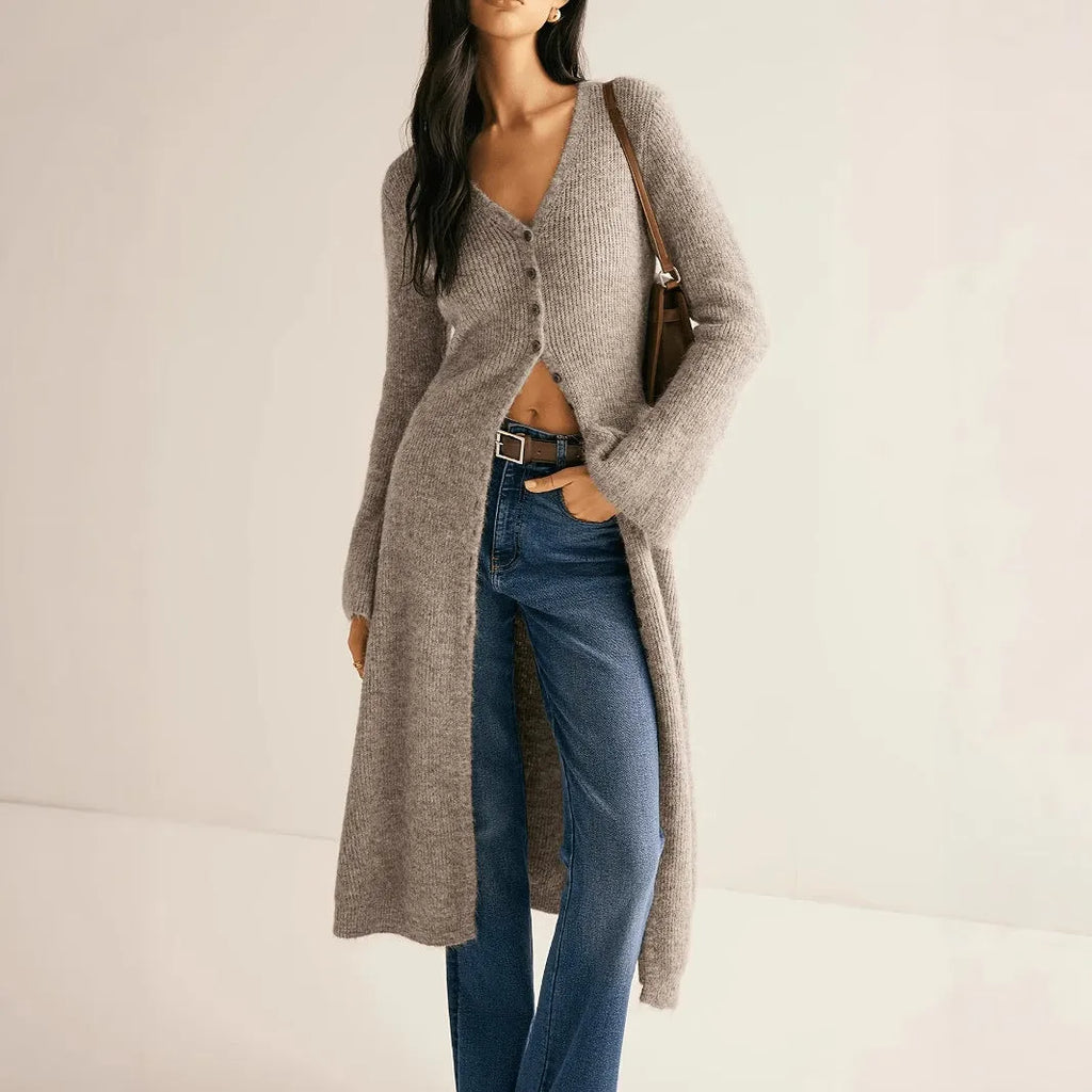 Khaki French retro style long sleeve coat cardigan with button front closure