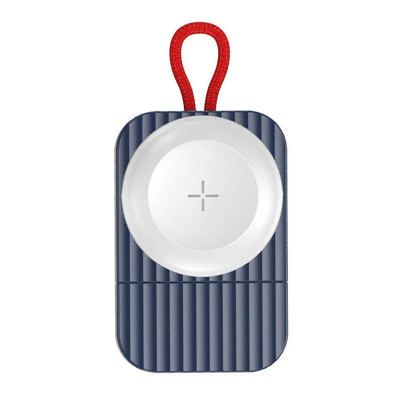 White magnetic wireless charger for Apple Watch with Type-C and USB-A interfaces on a desk