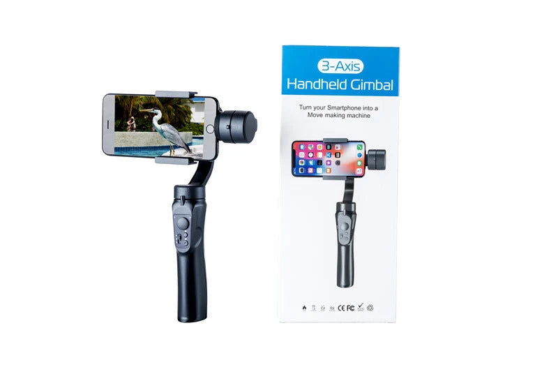 Handheld 3-axis gimbal stabilizer for iPhone in black, showing compact design and adjustable features