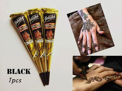 Authentic Indian henna tattoo cream set with 4 random design stickers and black cream tube with precision applicator