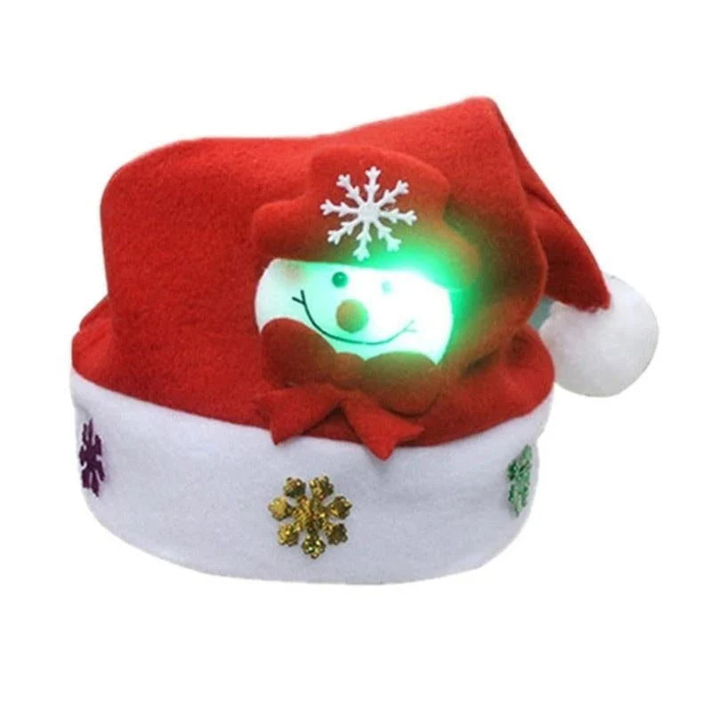 Christmas LED Luminous Hat in red with cartoon applique, available in child and adult sizes