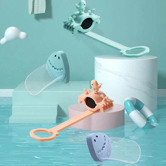 Children's faucet extender in blue, pink, and purple colours