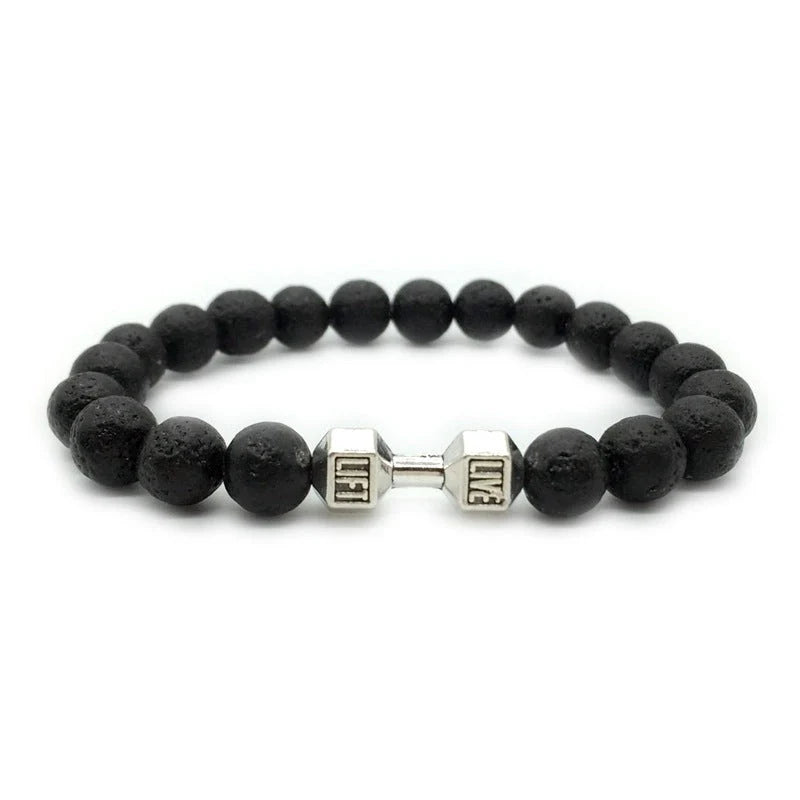 Men's fitness fashion bracelet with alloy metal barbell and lava rock stone beads