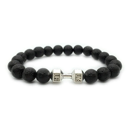 Men's fitness fashion bracelet with alloy metal barbell and lava rock stone beads