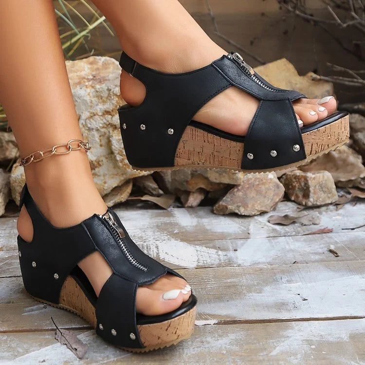 Women's lightweight zipper wedge sandals in black, brown, and milky white
