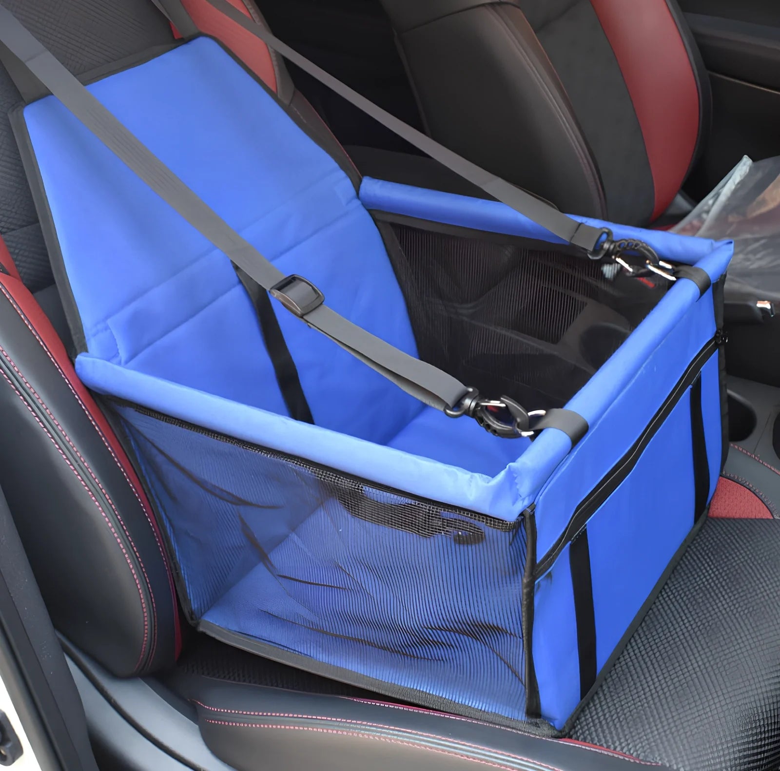 Waterproof pet car mat with headrest straps installed in vehicle, showing storage compartment and dimensions 400x300mm