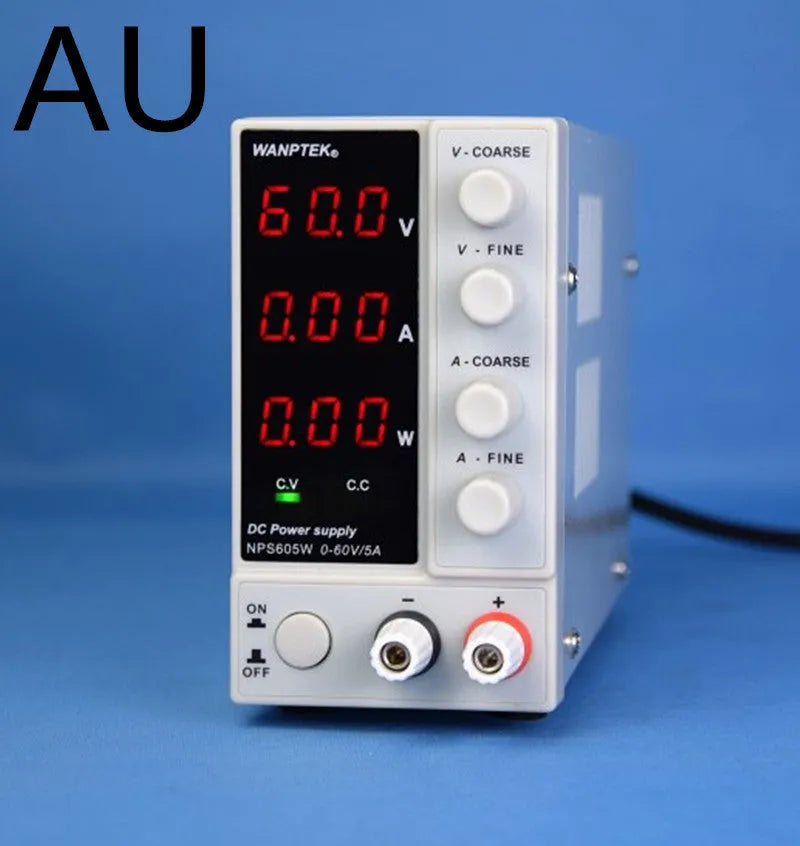 White NPS605W adjustable DC bench power supply with voltage and current dials for electronics repair.