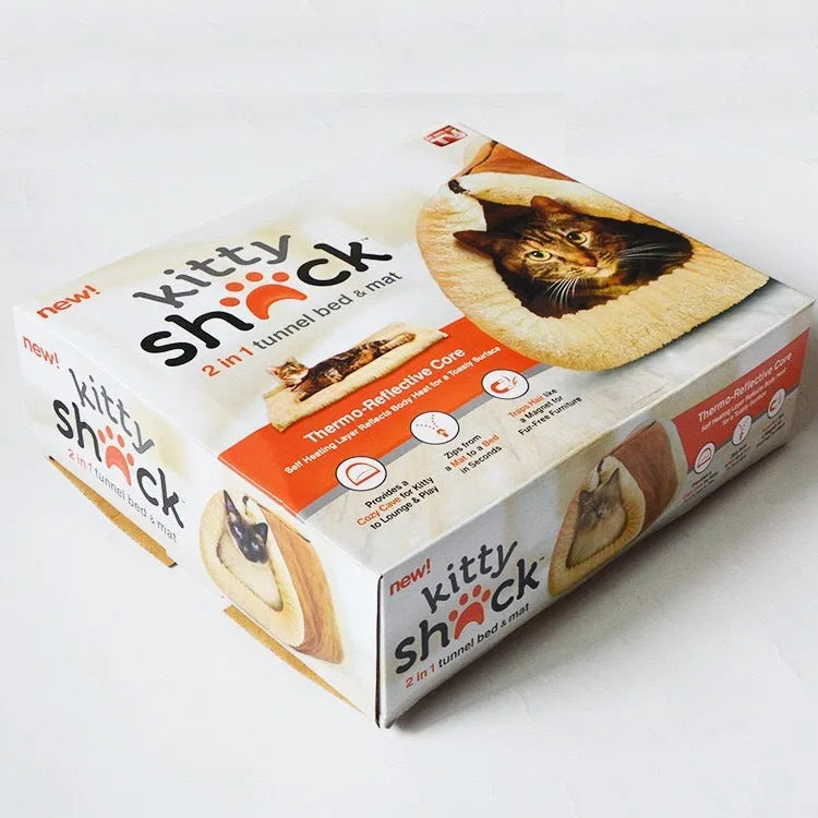 Brown suede and plush cat tunnel with rustling paper sound, approximately 90x57cm, on a floor indoors