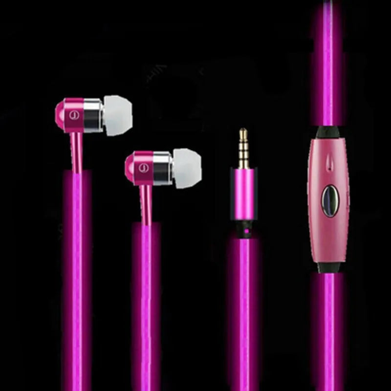 Blue Magic Light LED earphones with illuminated shells and a 3.5mm plug, showing the inline remote control.