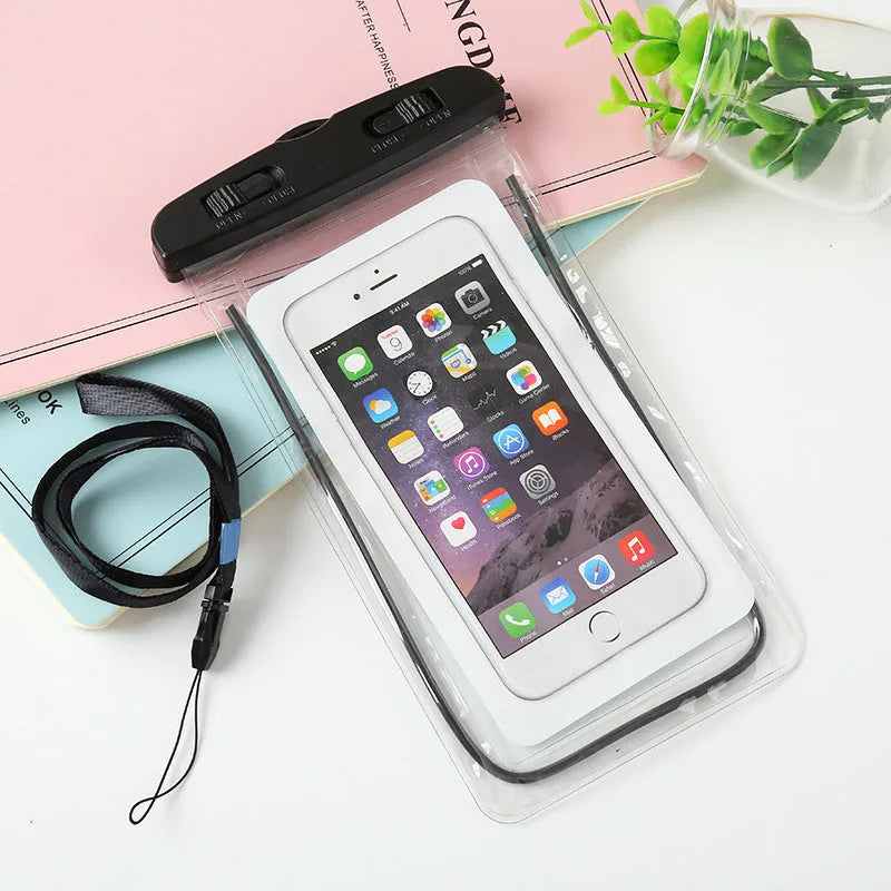 Night light mobile phone waterproof bag in black, 19x10.5cm, PVC and ABS construction with luminous finish