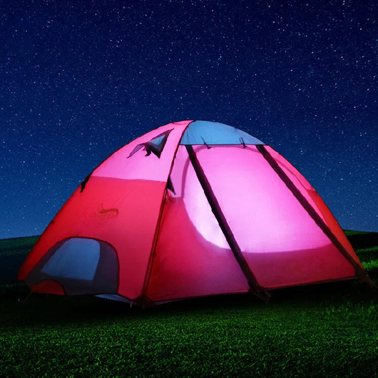 Wild couple tent in fruit green with spherical plaid outer and aluminium frame set up on grass