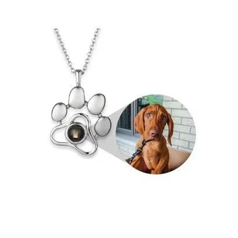 Personalized silver dog paw projection necklace with adjustable chain