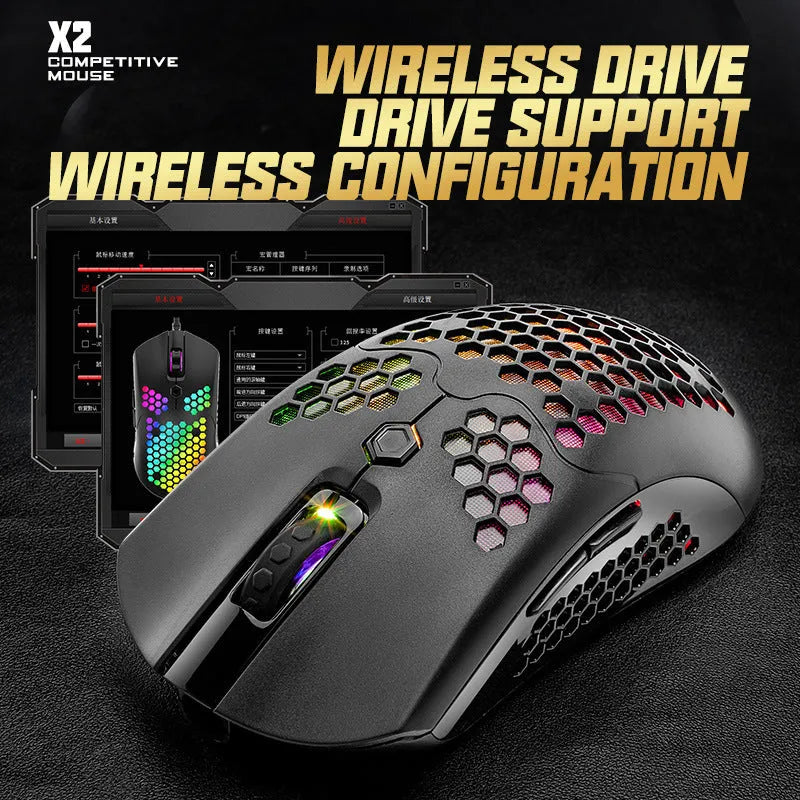Free Wolf X2 wireless gaming mouse in selected colour with RGB lighting on a desk.
