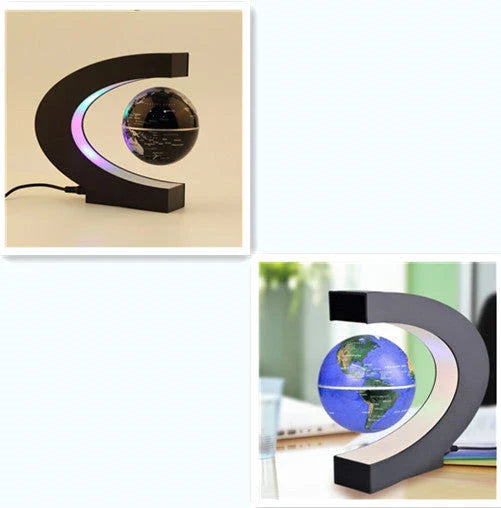 Magnetic levitation globe floating above base with LED light on