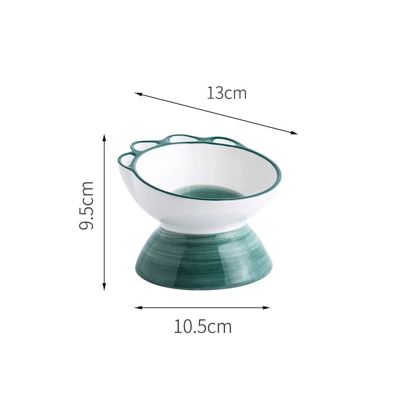 Ceramic pet bowl with cartoon paw design and 15-degree incline for comfortable feeding