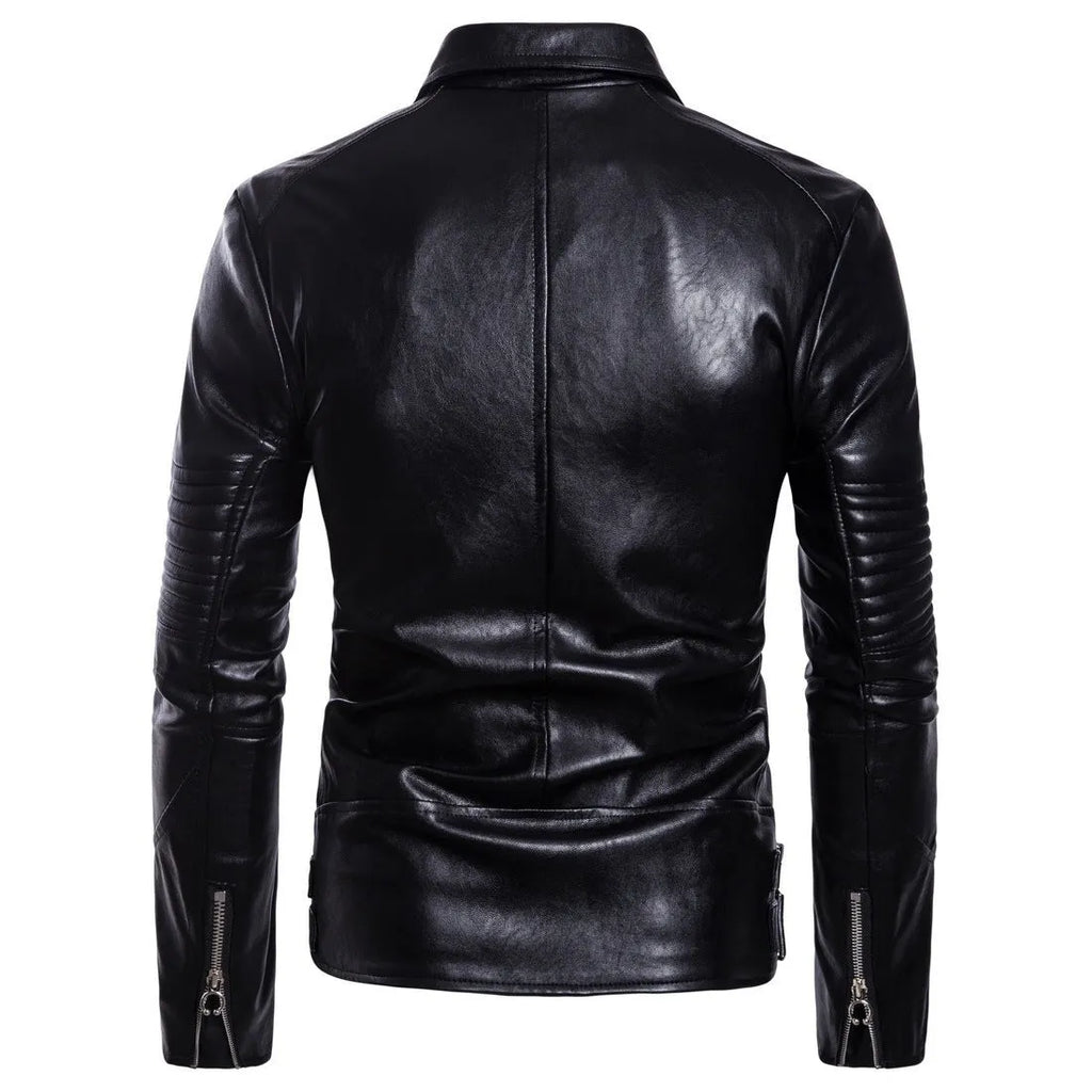 Men's black sheepskin leather jacket with suit collar and front zipper, fit-style edition for daily wear