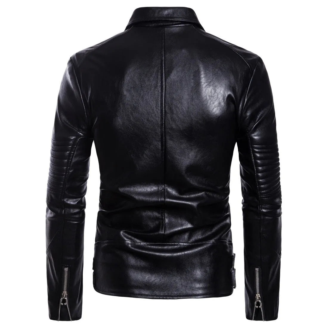 Men's black sheepskin leather jacket with suit collar and front zipper, fit-style edition for daily wear