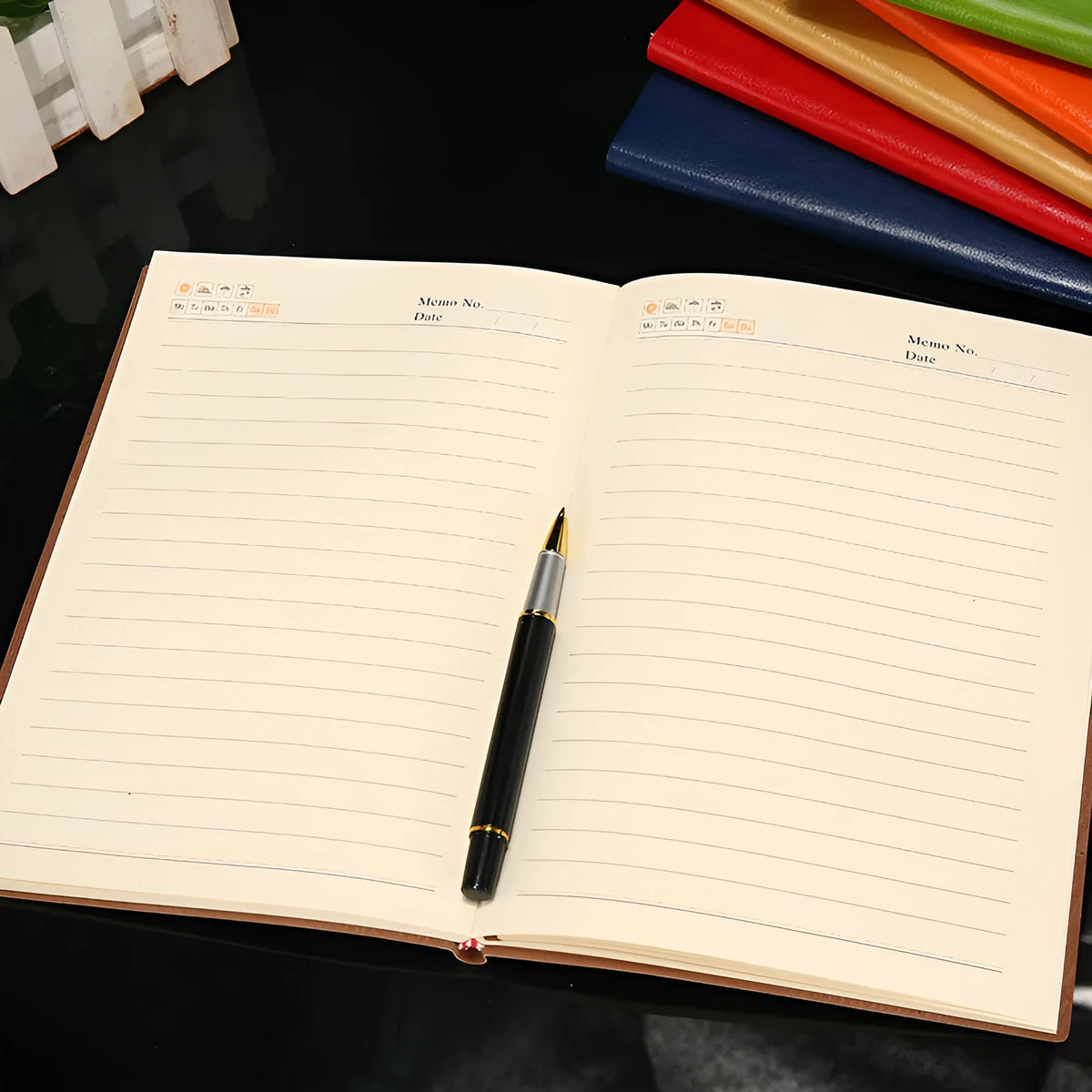 A5 notebook with brown imitation leather cover and beige Daolin paper, wireless binding
