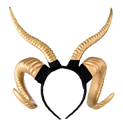 U-shaped simulation sheep horn headdress in black plastic-resin with plaid pattern, 15cm height for festivals