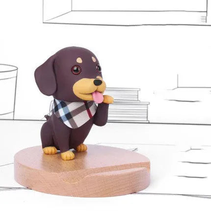 Wood and PC dog-shaped mobile phone holder for desk use, multiple colour options