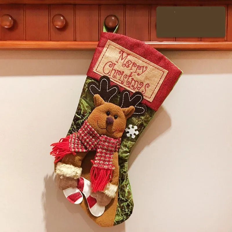 Large burlap Christmas stocking with 3D applique snowman design, hanging loop, and mixed colour fabric