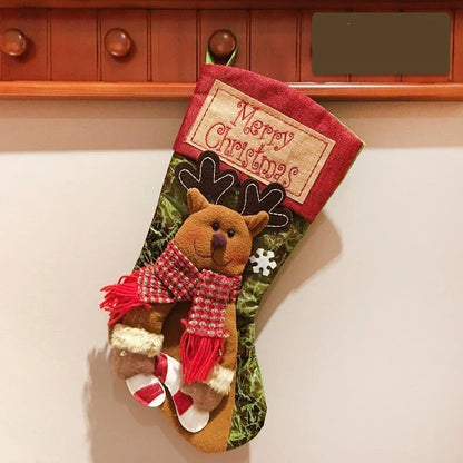 Cozy Christmas stocking with 3D applique designs of snowman, old man, and elk