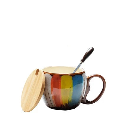 Handmade ceramic cup set with lid and spoon in vibrant colours, 350ml capacity