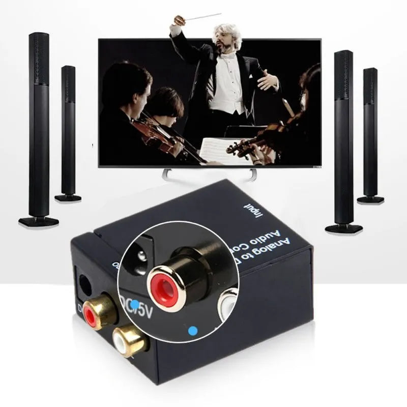 Black digital to analogue audio converter with Toslink and RCA inputs for optical and coaxial signal conversion