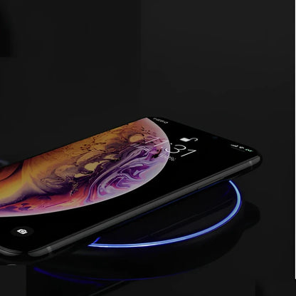 Black 15W wireless charger pad with Micro USB cable for fast phone charging