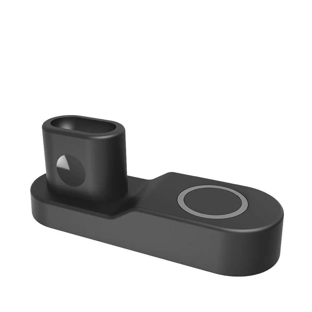 Black and white W3 three-in-one wireless charging station for Apple iPhone, Watch and AirPods on a desk.