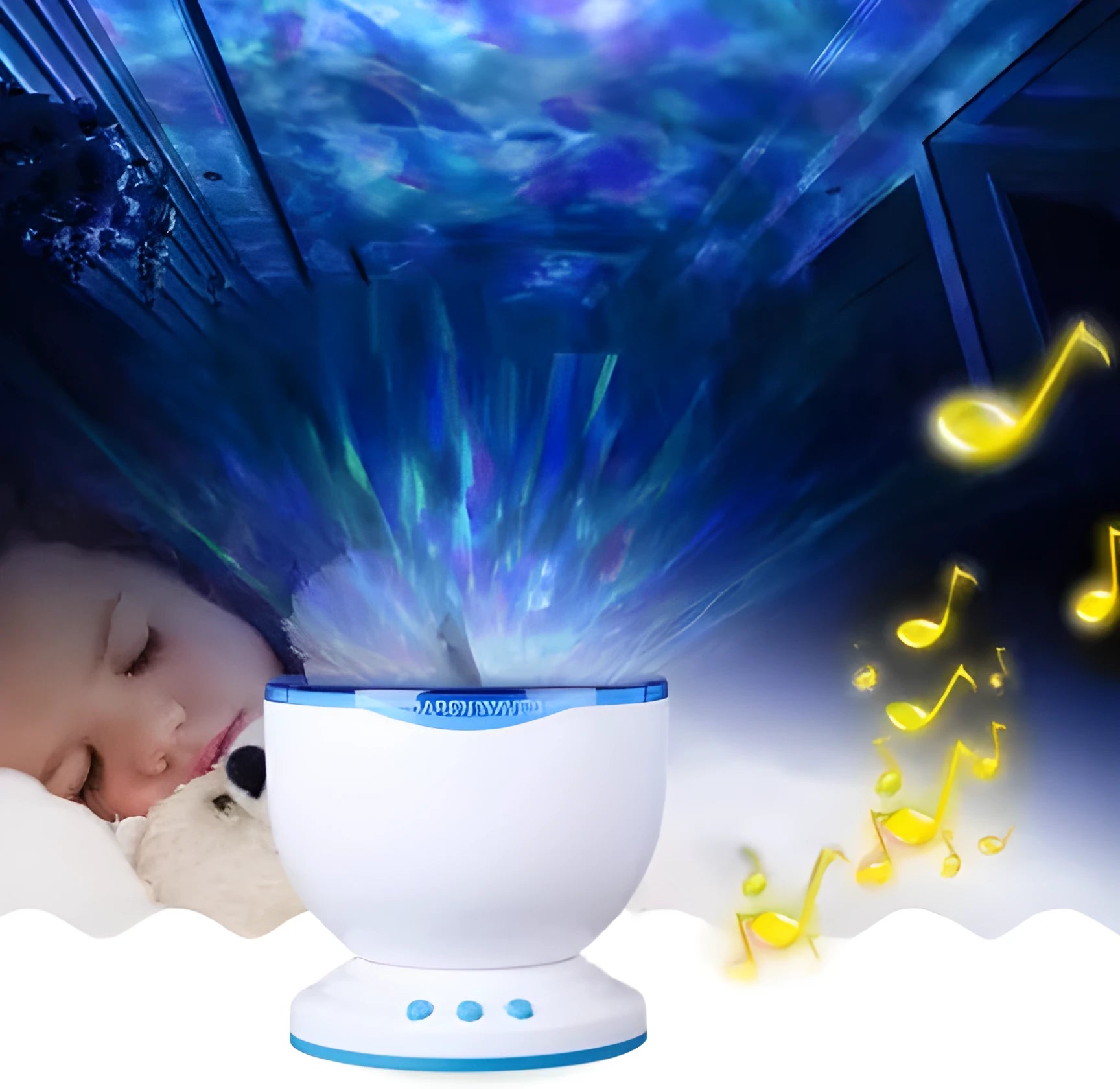 Blue ocean themed LED projection lamp for children's rooms on a shelf.