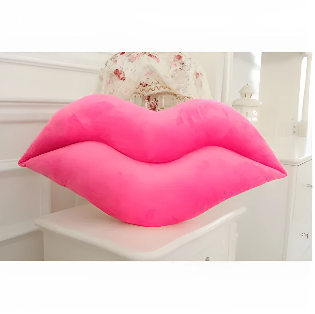 Plush big lips pillow in pink 60 cm tall with short plush fabric on a sofa