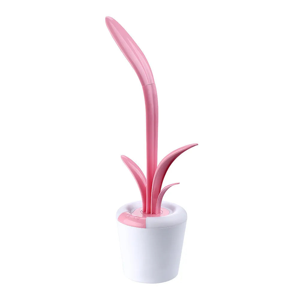 Modern rechargeable LED table lamp in pink with touch control and plant-shaped design on a wooden desk