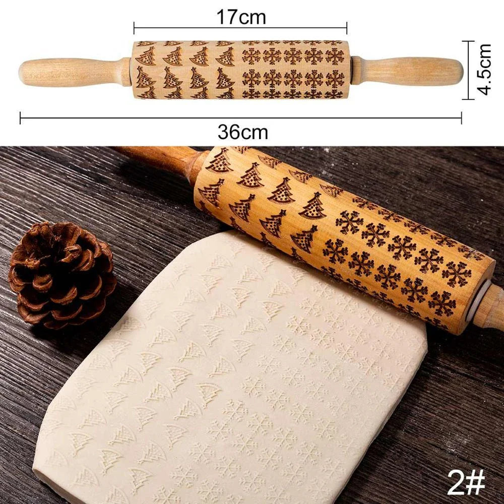 Wooden Christmas embossing rolling pin with non-stick surface for festive baking