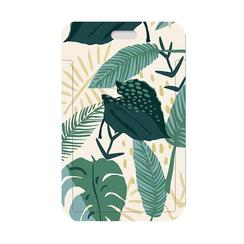 Plastic card cover with green plant diamond grid long lanyard and Monstera deliciosa motif on modern simple background