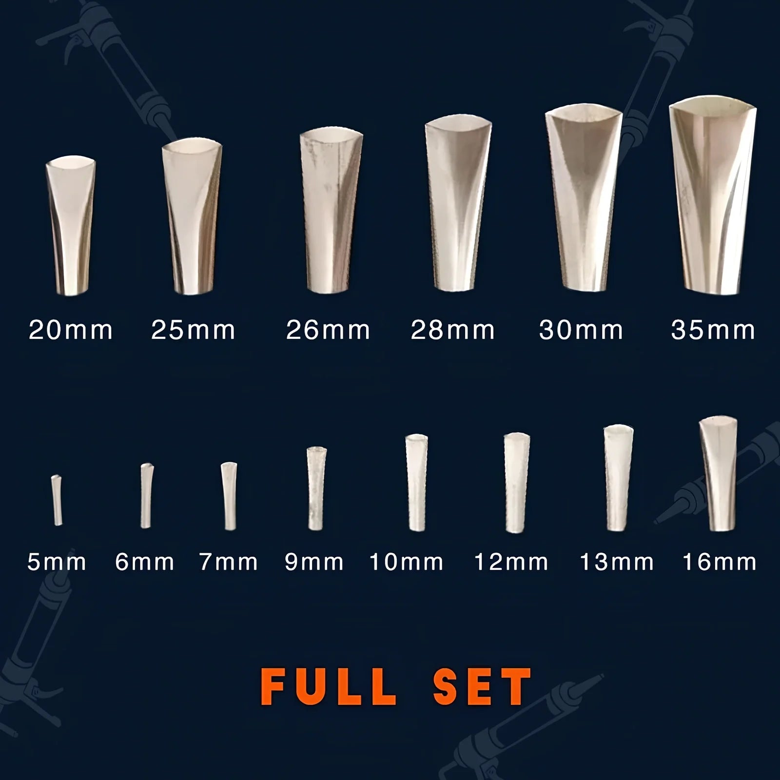 Stainless steel caulking nozzle applicator tool with 14 nozzles sized 5mm to 35mm for precise gap sealing