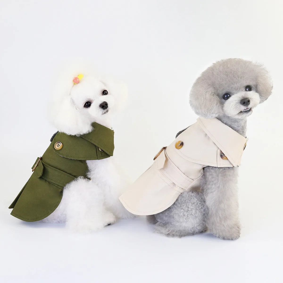 Pet dog coat in khaki polyester two-legged style side view with back length measurement visible