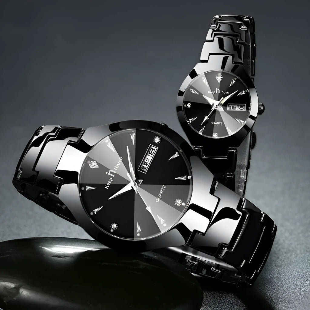 Luminous quartz couple watch with calendar, 38mm round dial, alloy case, mineral glass, and IP plating strap
